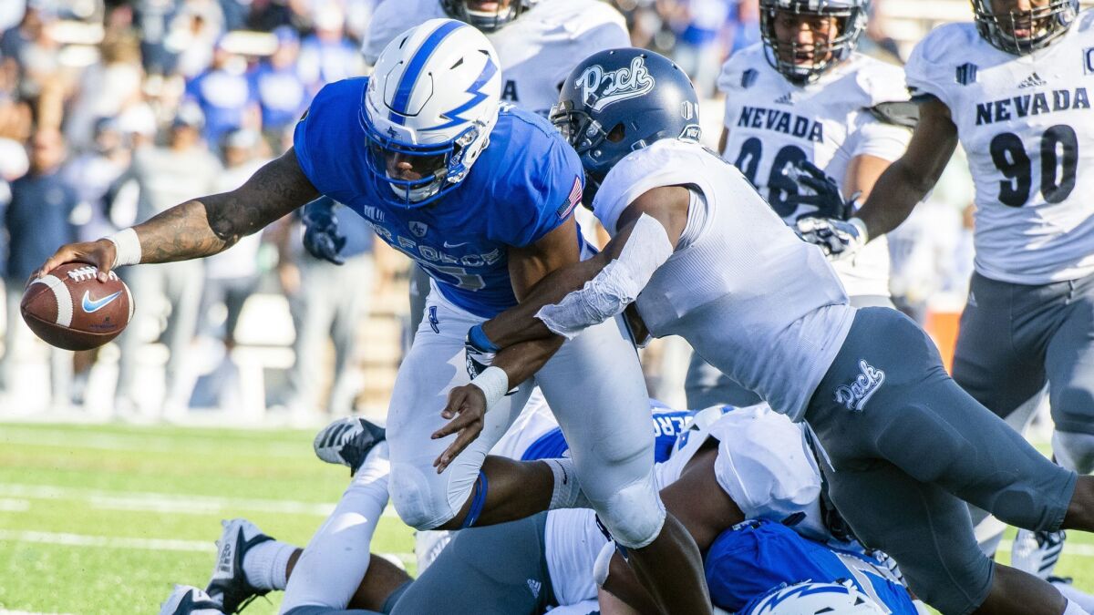 Air Force quarterback Donald Hammond III dives for a touchdown against the Nevada during the Mountain West game played earlier this season.