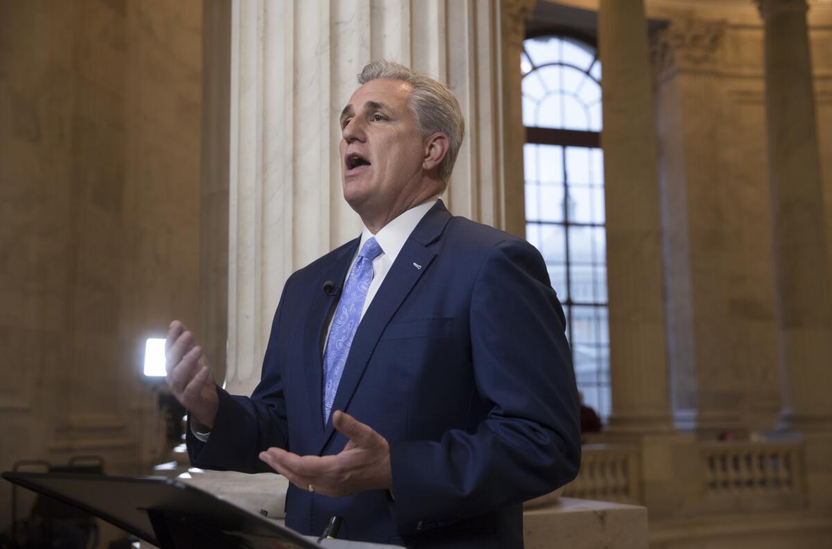 House Majority Leader Kevin McCarthy discusses the move by House Republicans to eviscerate the independent Office of Government Ethics on Tuesday.