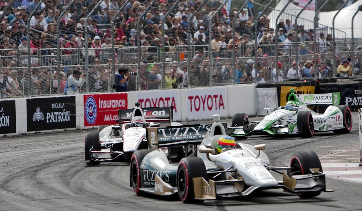 Mike Conway leads in the final laps rounding turn 10 at the Toyota Grand Prix of Long Beach on April 13, 2014.