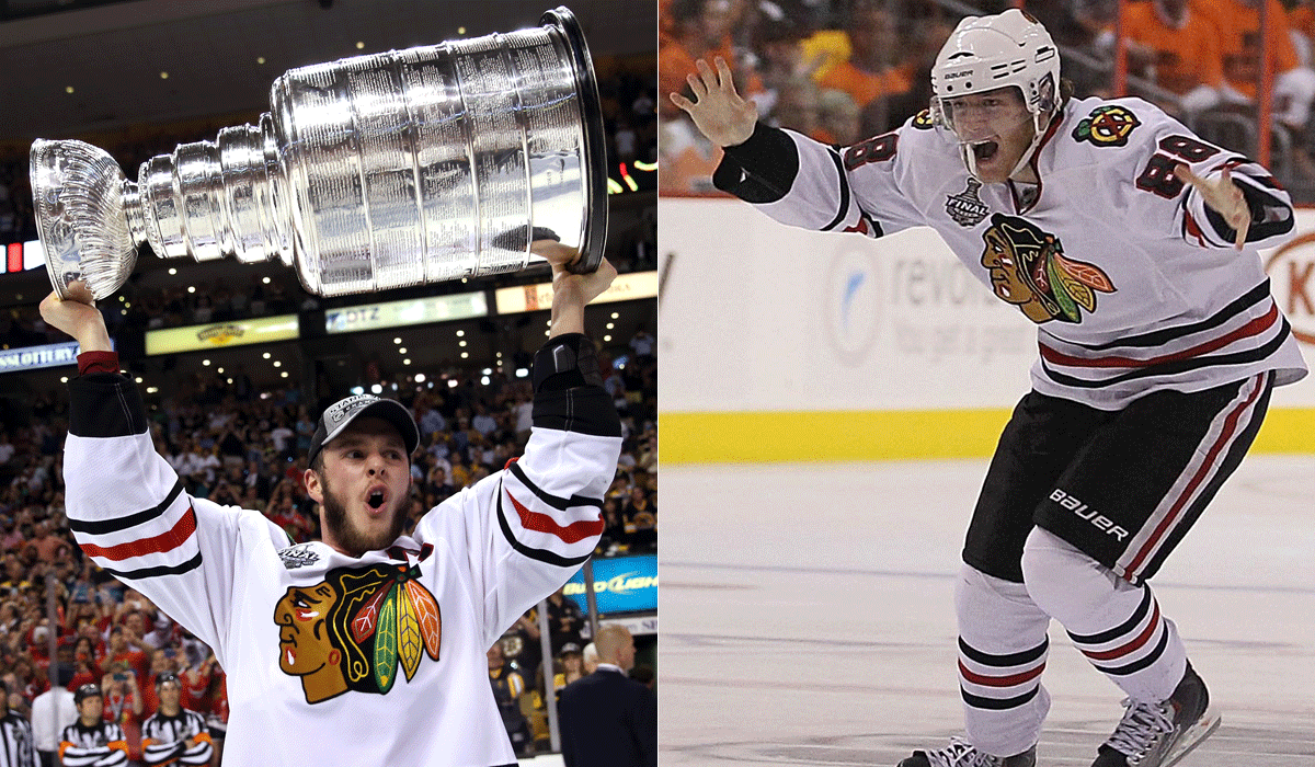 Jonathan Toews, left, hoists the Stanley Cup after Chicago defeated Boston in Game 6 in 2013; Patrick Kane celebrates his game-winning goal in overtime as Chicago defeated Philadelphia to win the Stanley Cup in 2010.