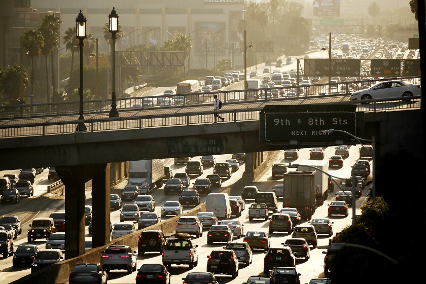 A jam-packed Harbor Freeway in downtown Los Angeles.