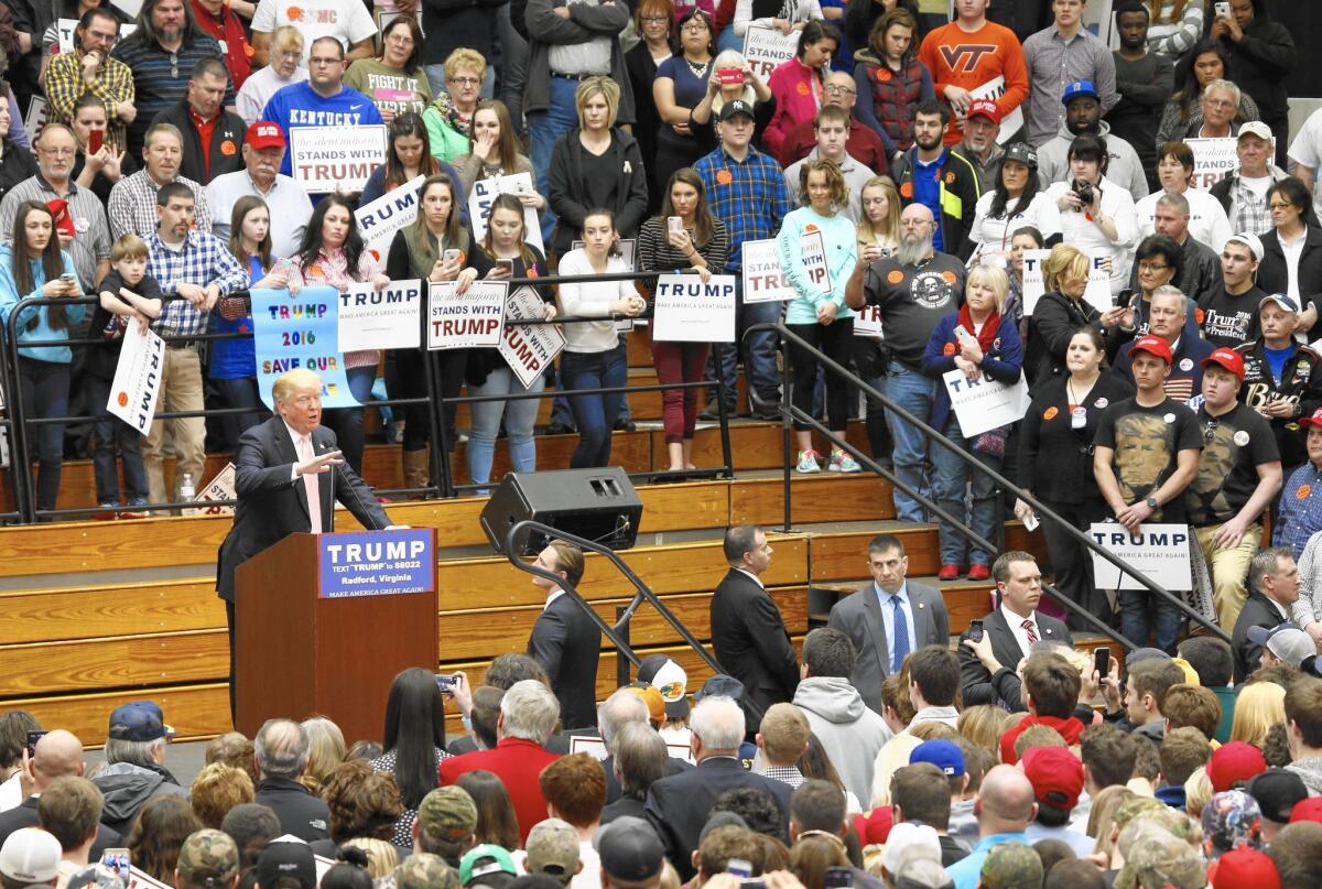 Donald Trump campaigns in Radford, Va., on Feb. 29. Backing from voters who support some elements of government spending has boosted his chances in Tuesday’s primaries, particularly in the South.