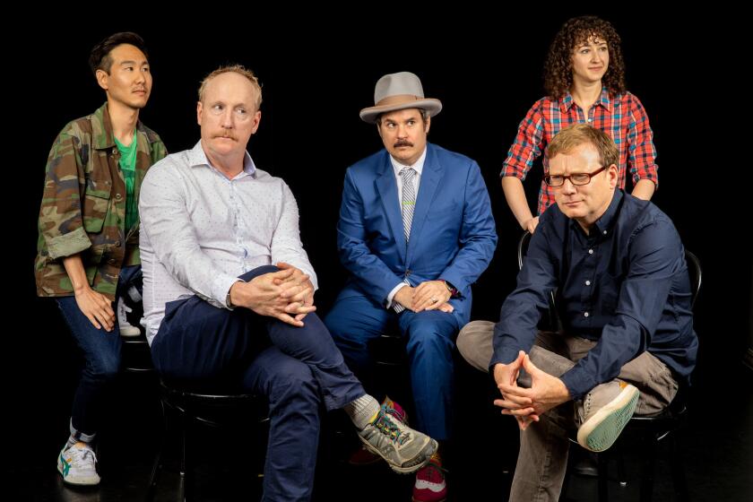 LOS ANGELES, CA--JUNE 19, 2019--Will Choi, Matt Walsh, Paul F. Tompkins, Beth Appel and Andy Daly, all performers with Upright Citizens Brigade, discuss their comedy experiences, while gathered in the Inner Sanctum, at the UCB Club in, Los Angeles, CA, home, June 19, 2019. The UCB, including these five, is bringing its annual 72-hour Del Close Marathon to L.A., from N.Y.C., for the first time, June 28-30. (Jay L. Clendenin / Los Angeles Times)