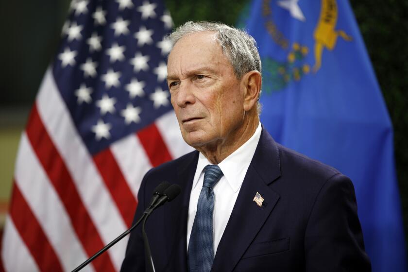 FILE - In this Feb. 26, 2019, file photo, former New York City Mayor Michael Bloomberg speaks at a news conference at a gun control advocacy event in Las Vegas. Bloomberg has opened door to a potential presidential run, saying the Democratic field 'not well positioned' to defeat Trump. (AP Photo/John Locher, File)