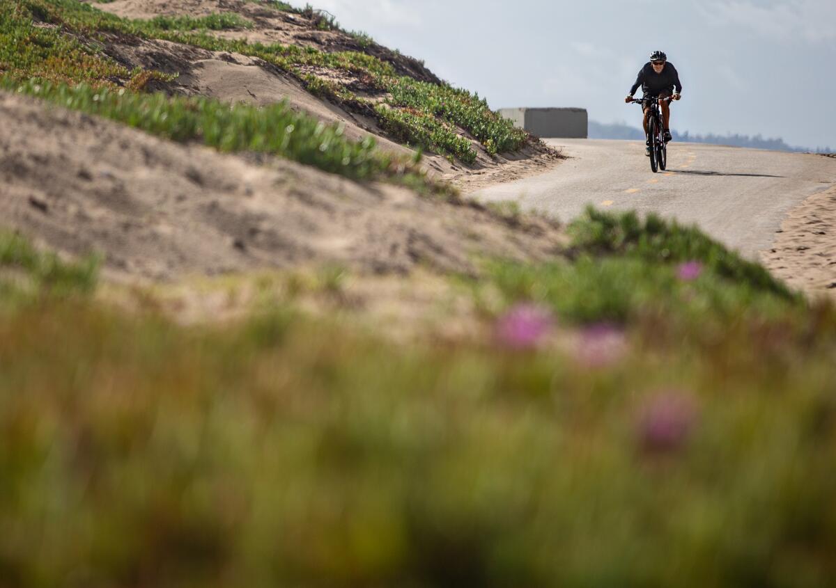 A man rides a bike at Dockweiler State Beach on March 15.