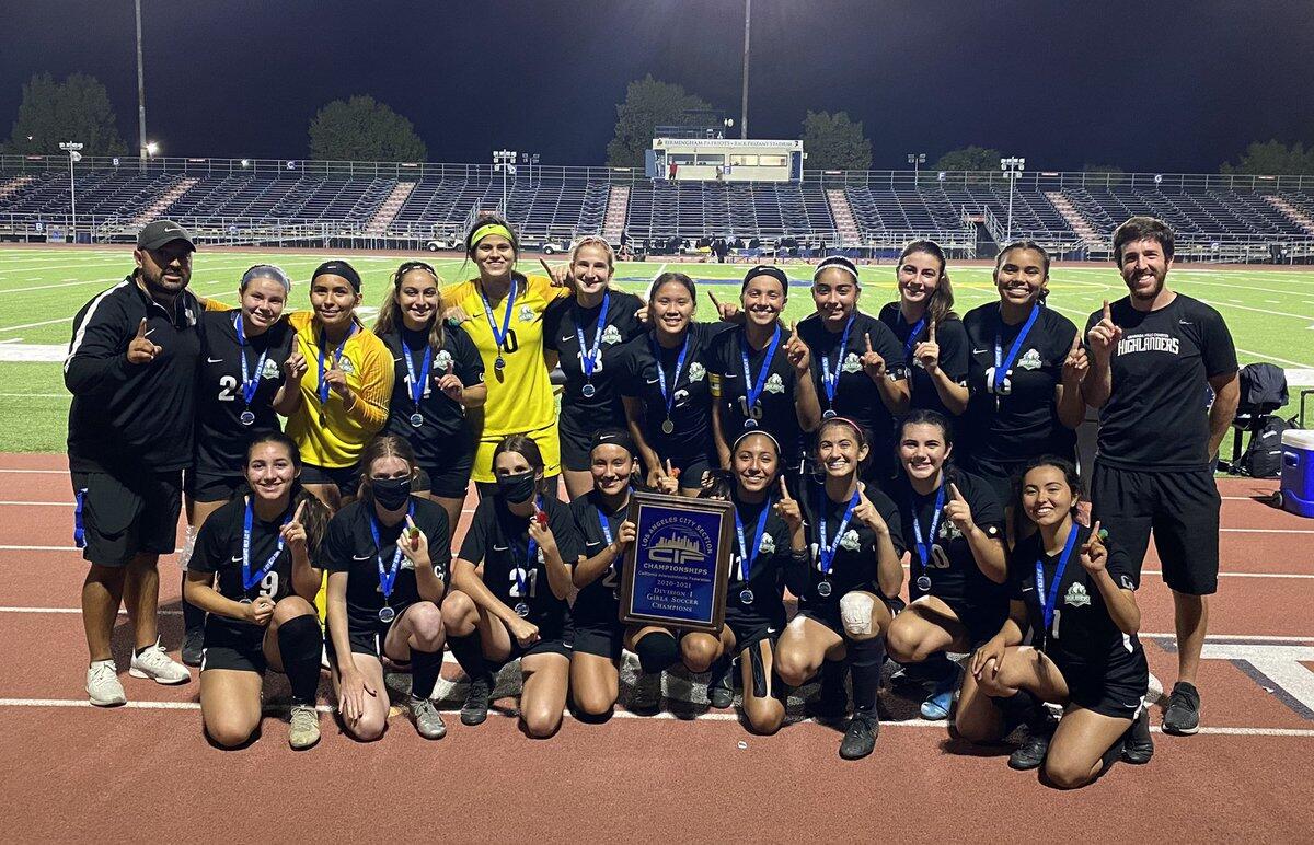 Granada Hills poses after winning the City Section Division I girls' soccer title on Tuesday, May 25, 2021.