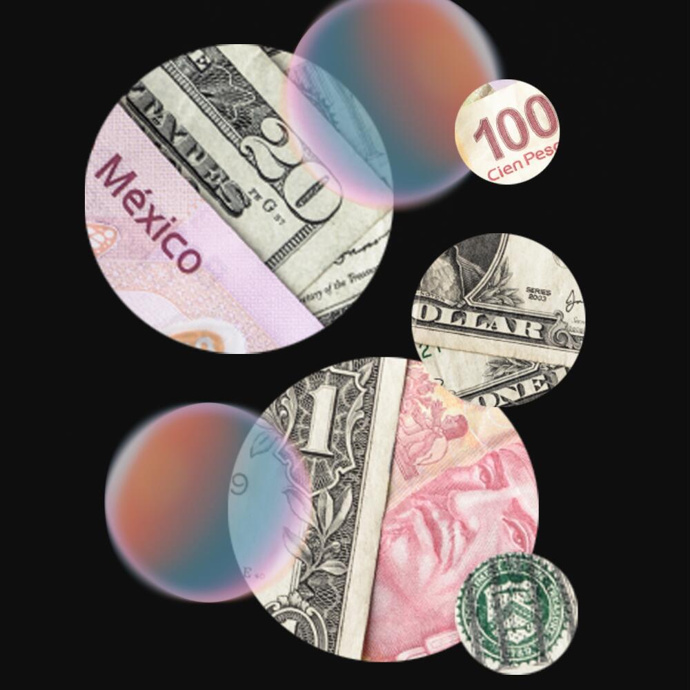 Circular cutouts of U.S. and Mexican money.