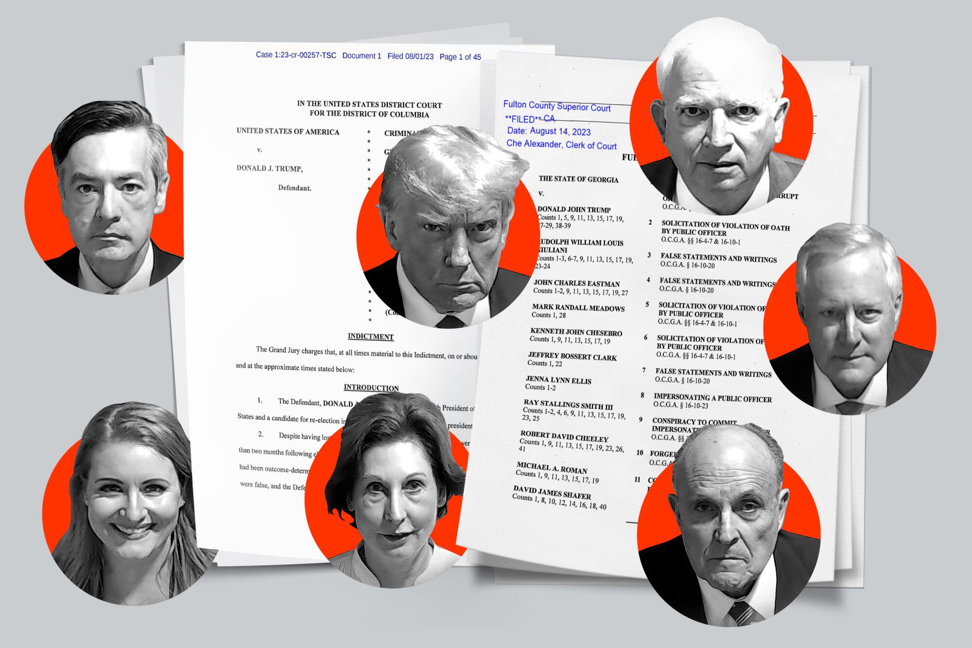A photo illustration of indictment papers, scattered with mugshots of President Trump and 6 others, each set in a red circle