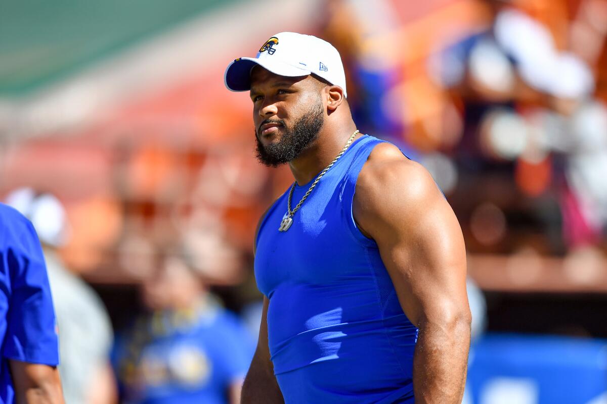 Rams defensive tackle Aaron Donald looks on during a preseason game against the Dallas Cowboys in Hawaii last month.