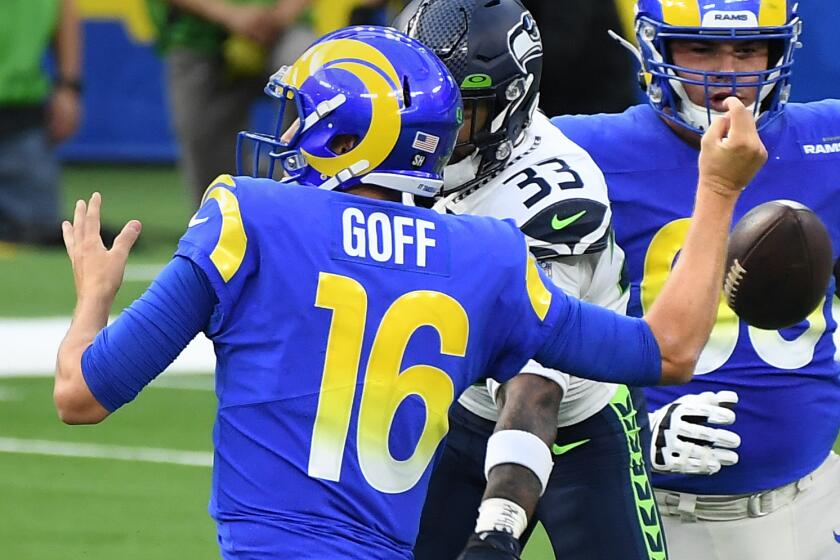 LOS ANGELES, CALIFORNIA NOVEMBER 15, 2020-Rams quarterback Jared Gof.
