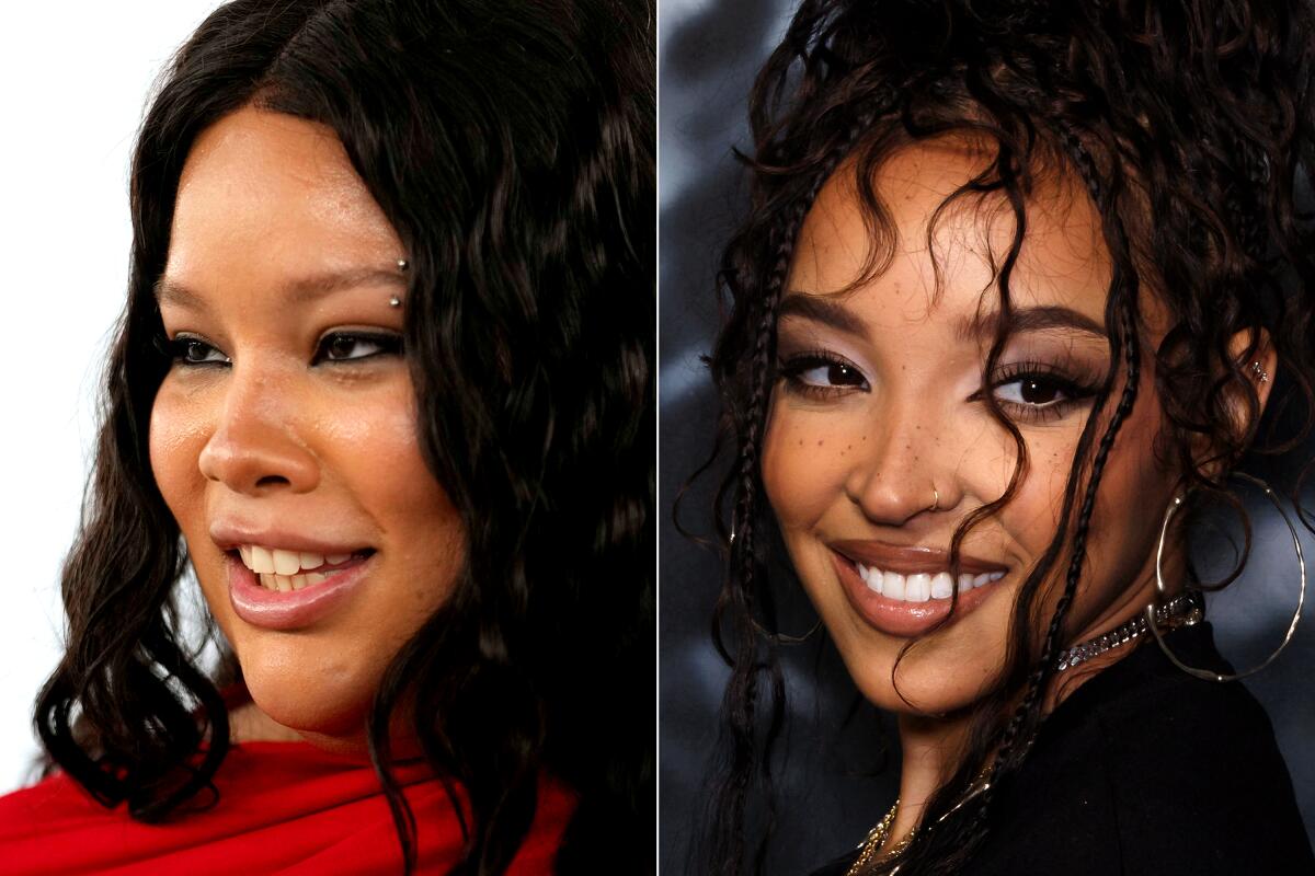 Separate headshots of Shygirl looking to the side in a red wrap and Tinashe smiling in a black outfit with curls in her face