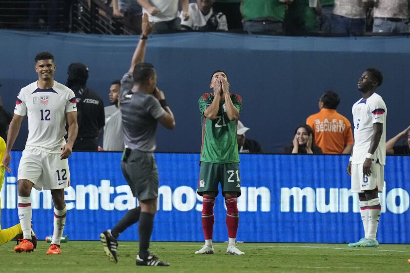 Uriel Antuna of Mexico reacts after missing a shot on goal against the United States during the second half of a CONCACAF Nations League semifinals soccer match Thursday, June 15, 2023, in Las Vegas. (AP Photo/John Locher)