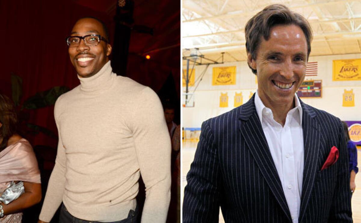 Steve Nash, right evokes a harried hedge fund manager with his striped suit and mussed mane. Dwight Howard goes for a Clark Kent collegiate look, with bold eyewear and attention to detail.