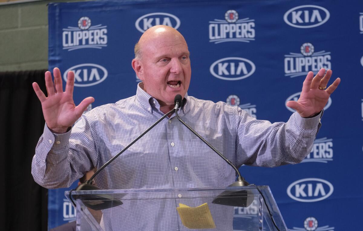 Clippers owner Steve Ballmer speaks at a news conference at the Green Meadows Recreation Center in Los Angeles on July 23, 2019.