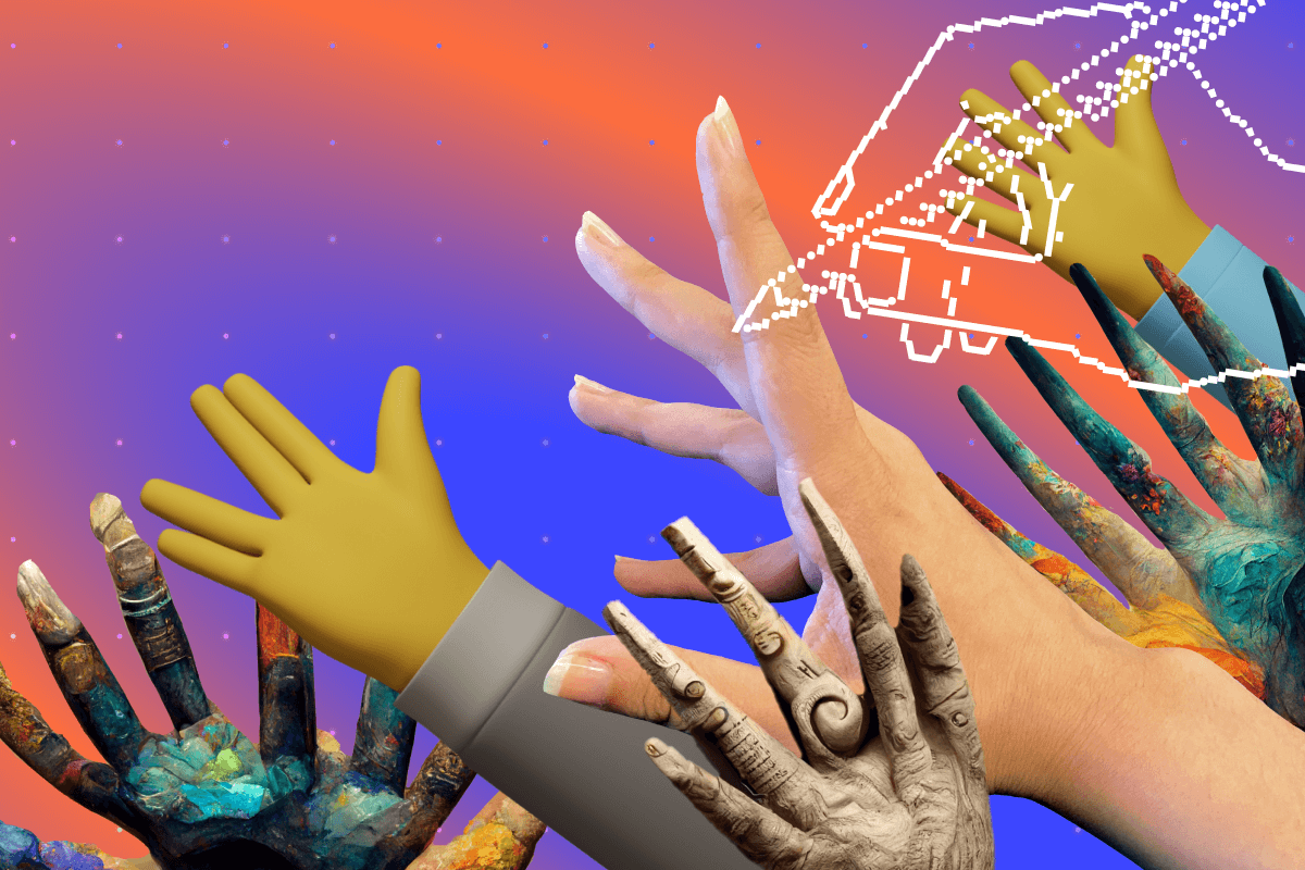 A colorful background features many types of hands reaching towards the sky.