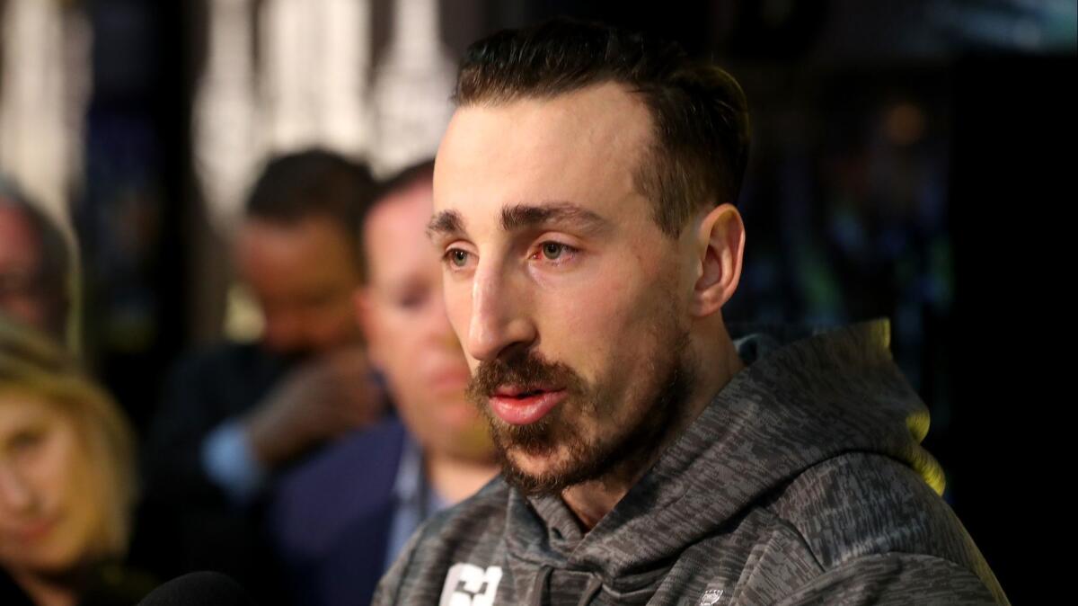 Boston Bruins forward Brad Marchand speaks during a news conference on Sunday. The Bruins and St. Louis Blues face off in Game 1 of the Stanley Cup Final on Monday.