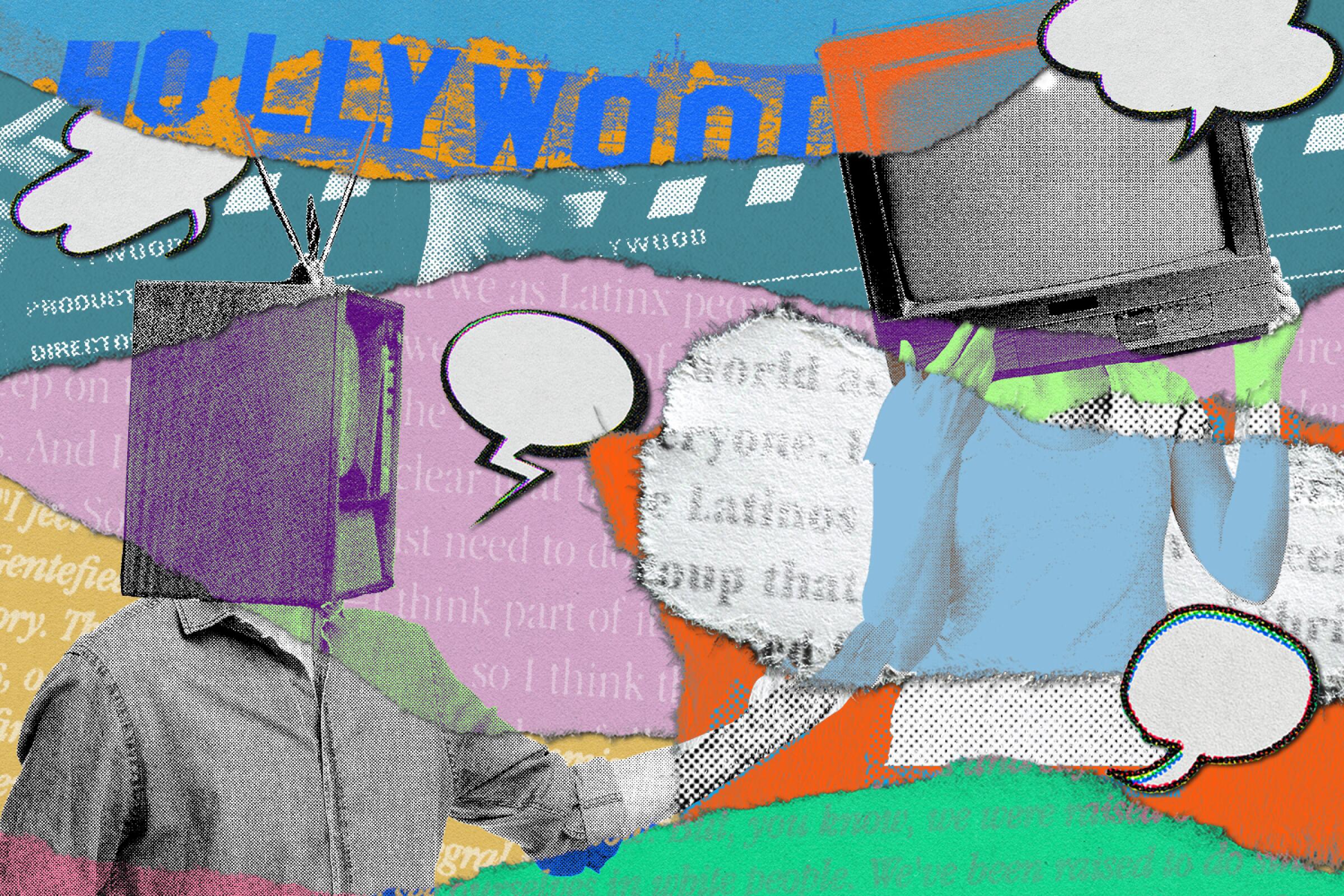 Illustration of different colored paper strips with text on them, the Hollywood sign image and two people with TVs for heads.