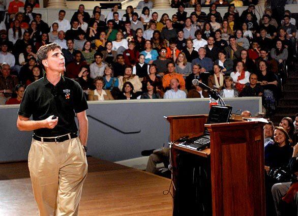 Randy Pausch, a former University of Virginia professor, gives his final lecture on time management to a packed house on the Charlottesville, Va., campus in November 2007. Pausch, a Carnegie Mellon University computer scientist whose "last lecture" about facing terminal cancer became an international sensation and a best-selling book, died today from complications of pancreatic cancer at 47.