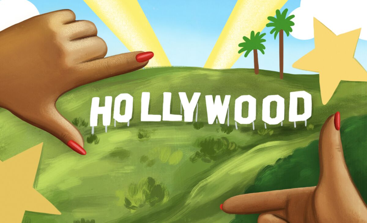 Illustration shows a woman framing the Hollywood sign with her fingers
