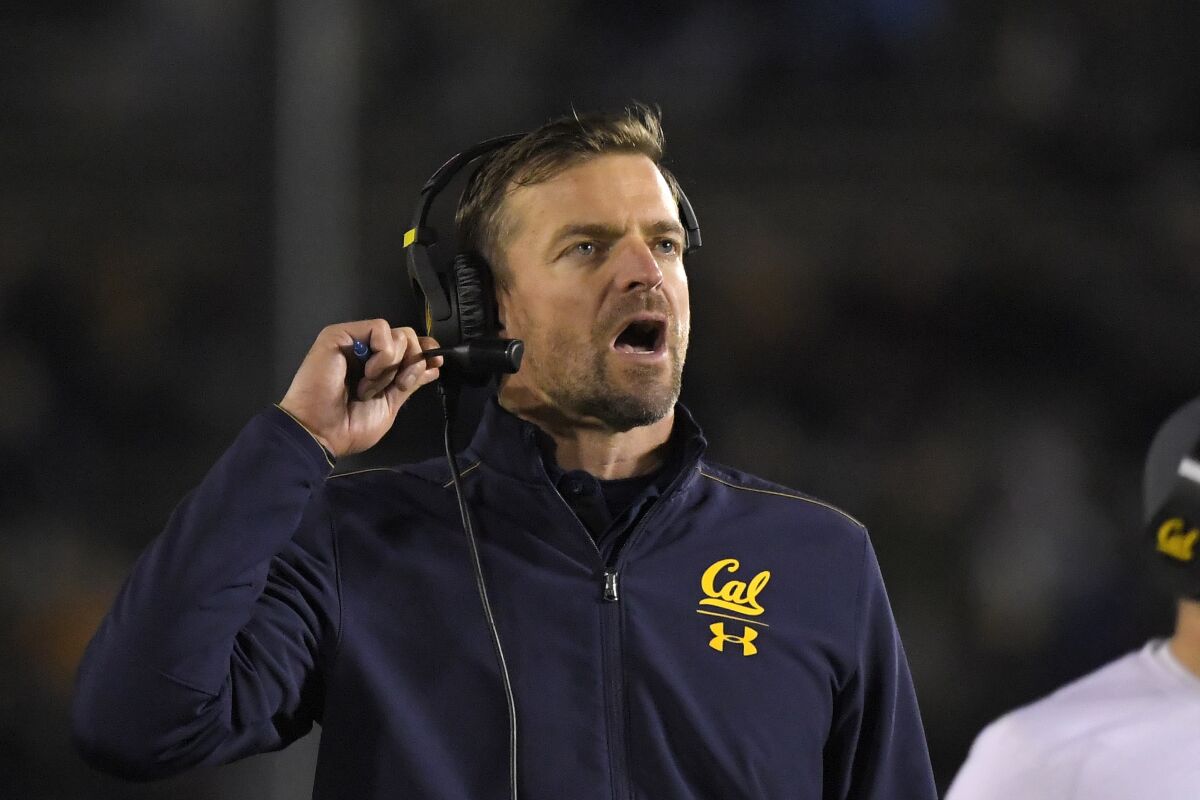 FILE - In this Nov. 30, 2019, file photo, California head coach Justin Wilcox reacts on the sideline during the second half of an NCAA college football game against UCLA in Pasadena, Calif. As Wilcox looks to navigate a season like none other, he can at least lean on a quarterback who has endured his share of trials winning the job. (AP Photo/Mark J. Terrill, File)