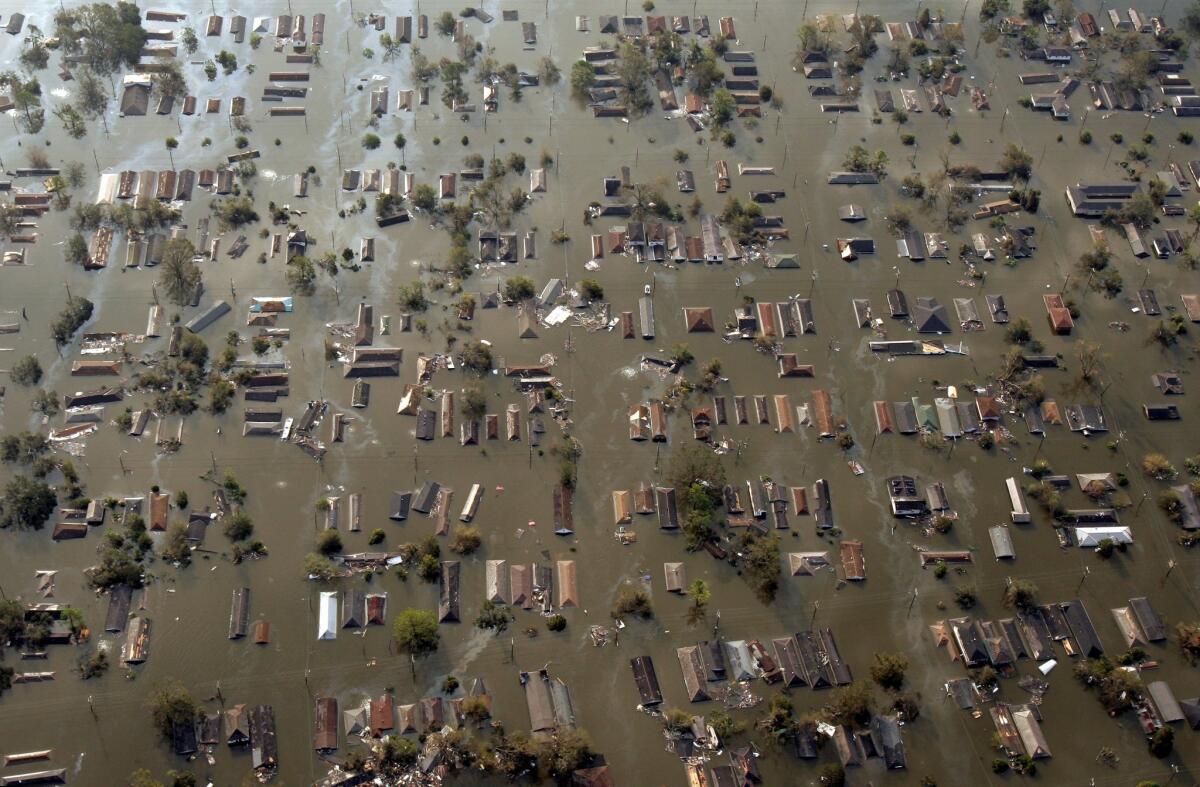 Water surrounds homes just east of downtown New Orleans in an aerial view of damage from Hurricane Katrina on Aug. 30, 2005.