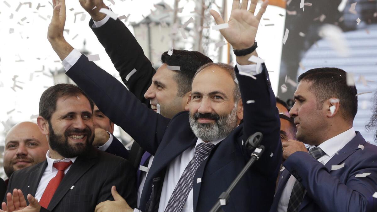 Newly elected Armenian Prime Minister Nikol Pashinian addresses a crowd May 8 in Republic Square in Yerevan.