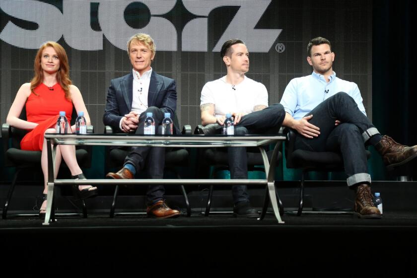 Actors Sarah Hay, Ben Daniels, Sascha Radetsky and Josh Helman speak onstage during the "Flesh and Bone" panel discussion at the Starz portion of the 2015 Summer TCA Tour.