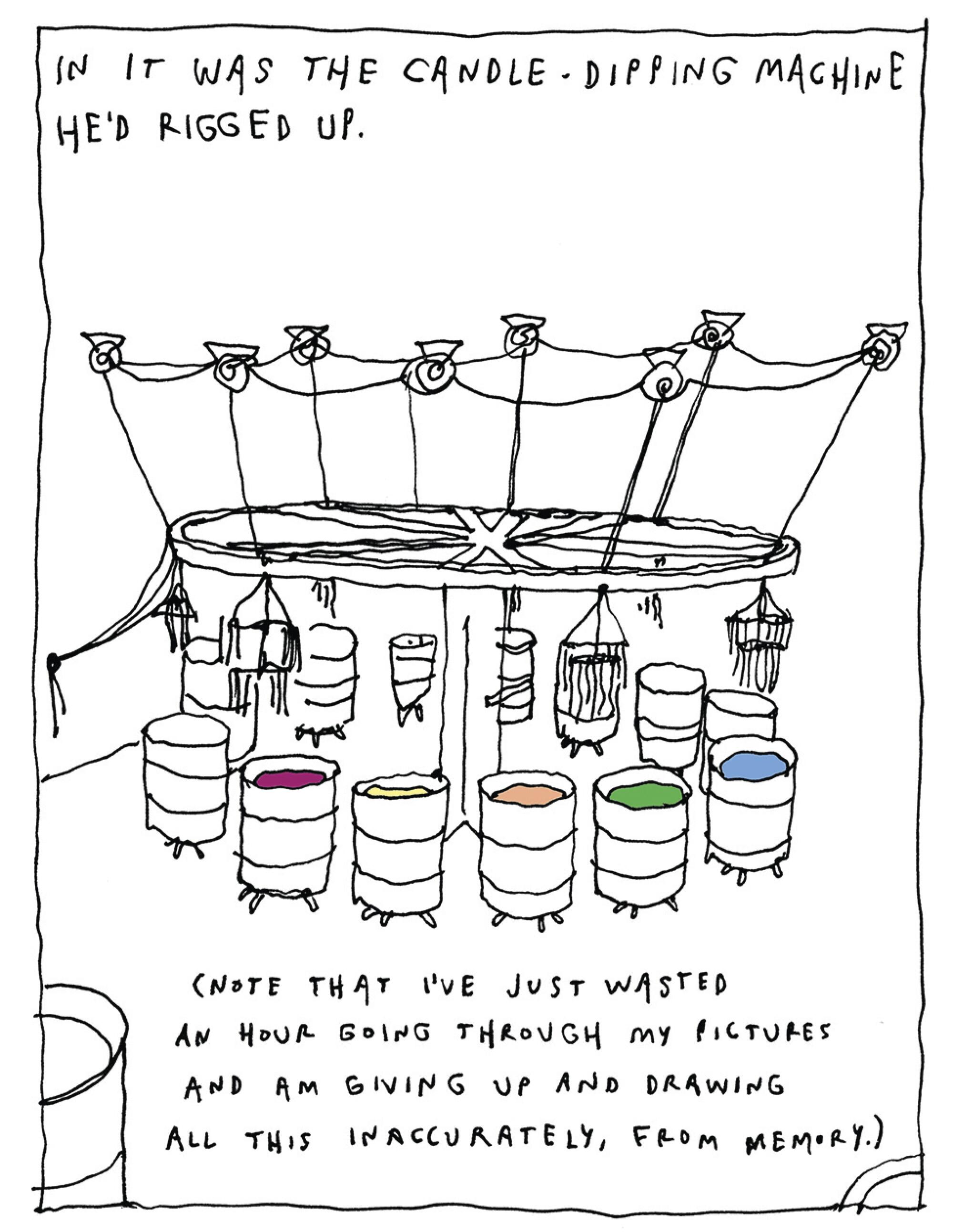 comic illustration of a candle dipping machine with rainbow colors