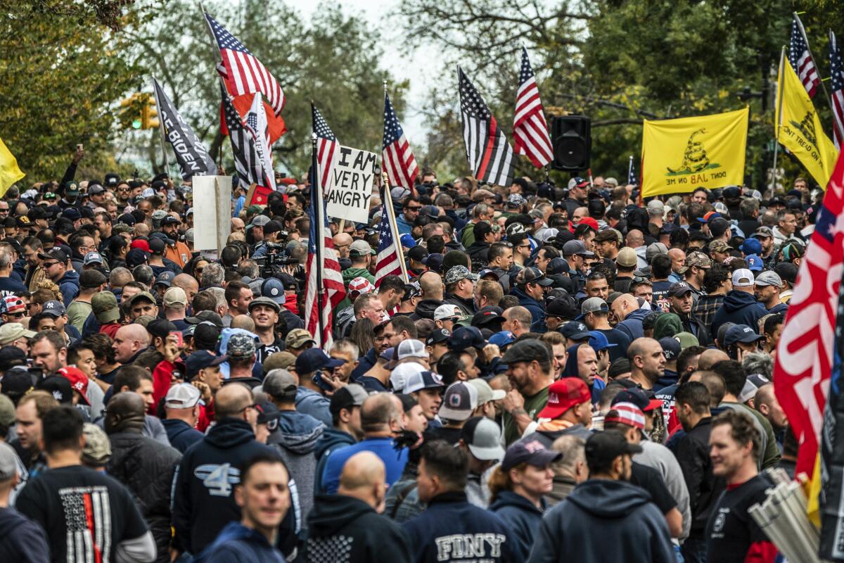 A large crowd of mostly men with American flags and "Don't Tread on Me" flags 