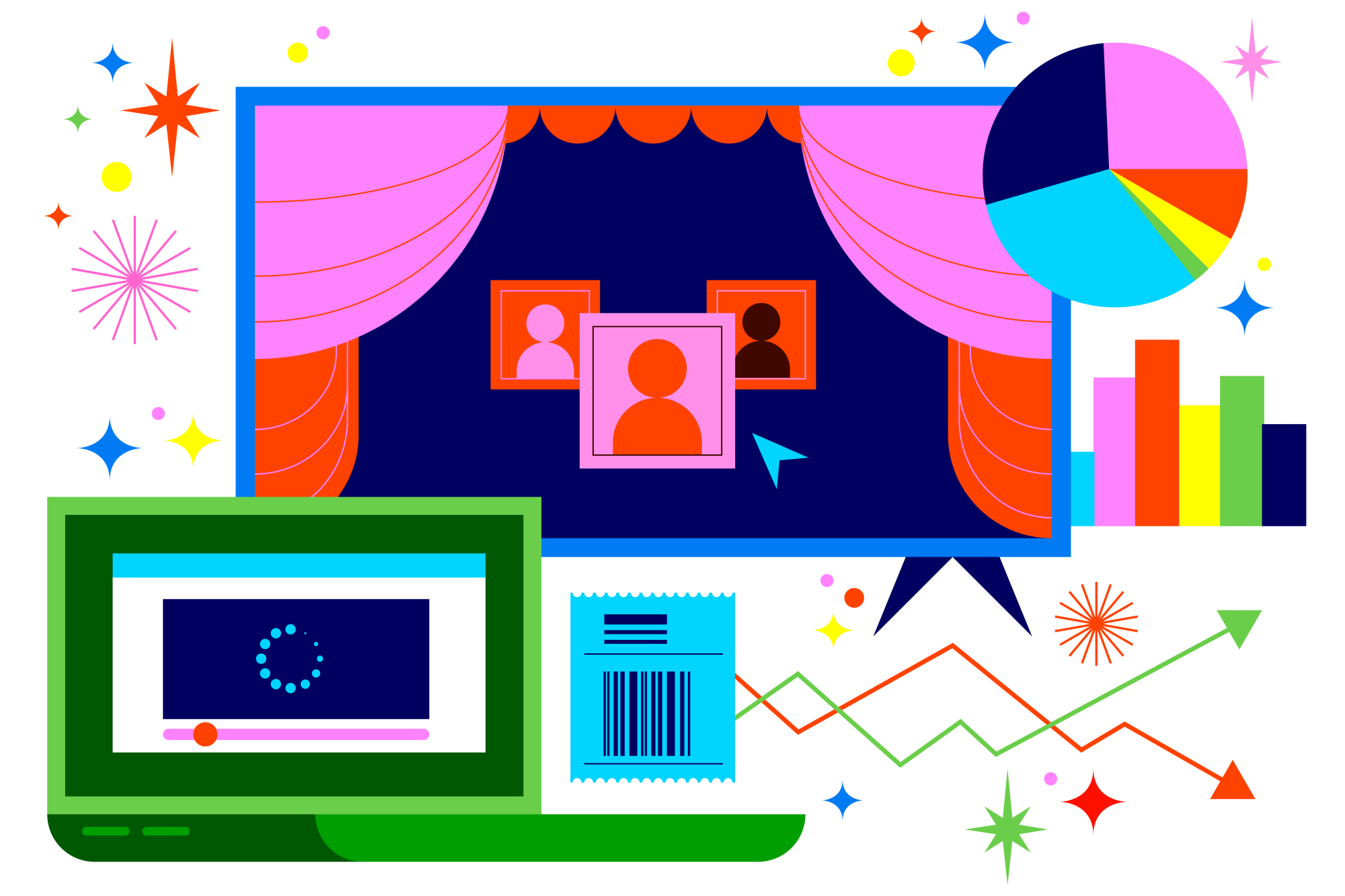 Illustration showing movie theater, television, laptop with loading video screen, bar chart, pie chart and fever chart