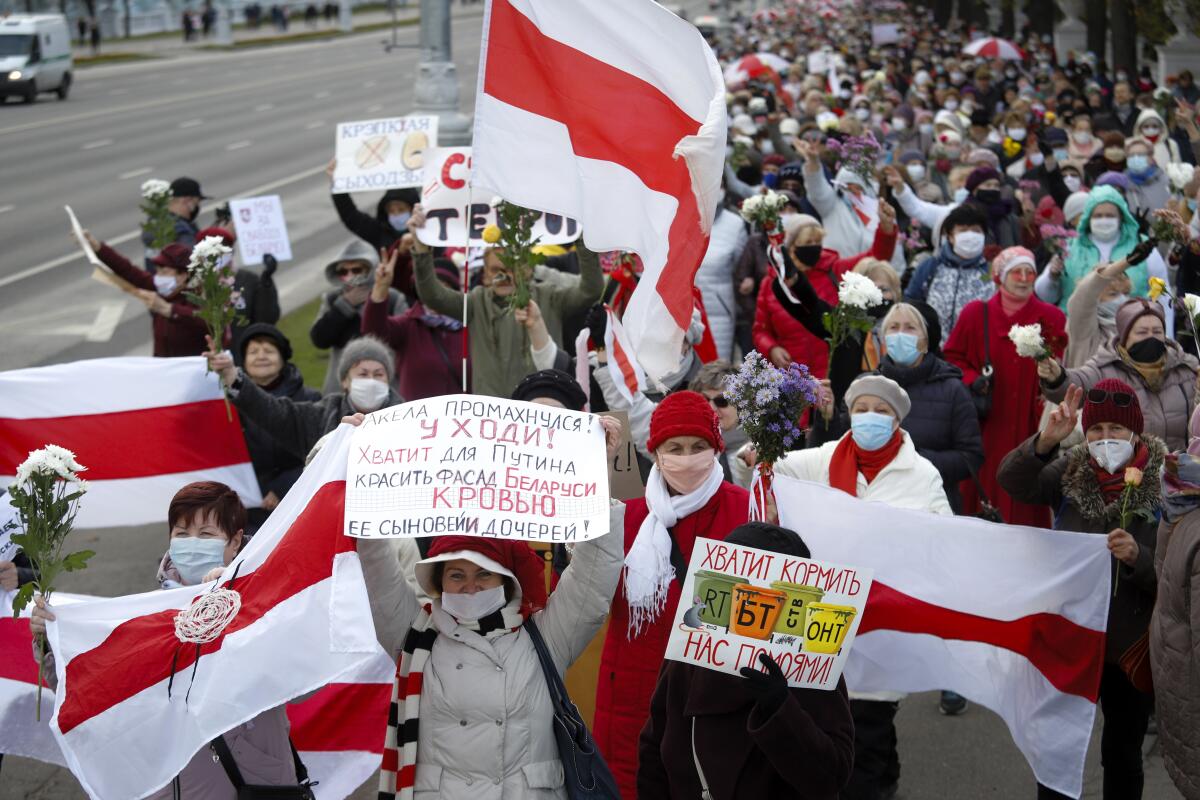 Retirees rally in Minsk, Belarus, on Monday