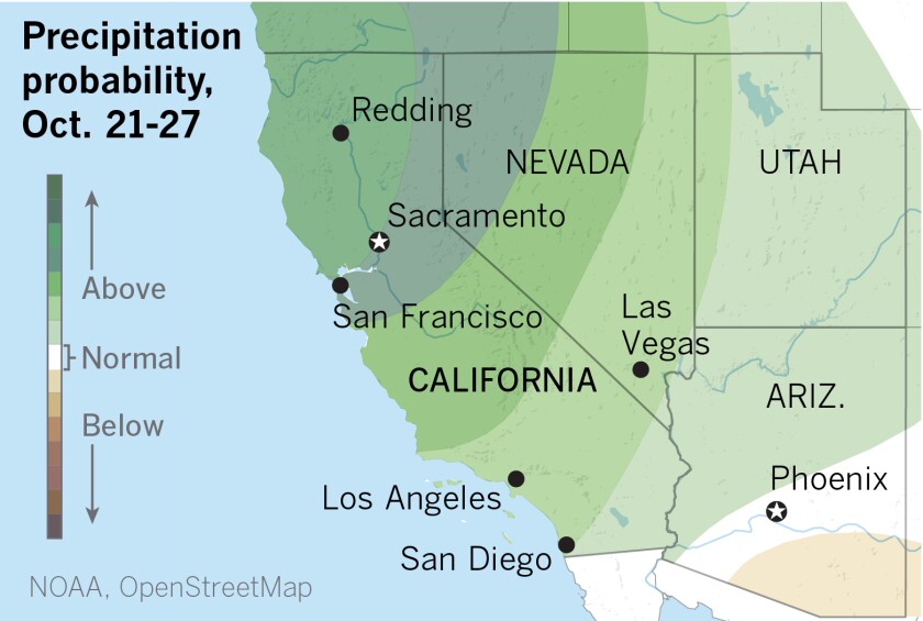 Map showing the precipitation outlook for California and neighboring states.