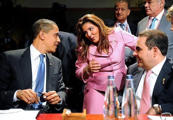 President Obama, with Marisol Argueta, the foreign minister of El Salvador; and Antonio Saca, the president of El Salvador, are among participants at the Summit of the Americas, with 34 Western Hemisphere nations represented. The summit got into full swing on Saturday with sessions on energy, the environment and public security.
