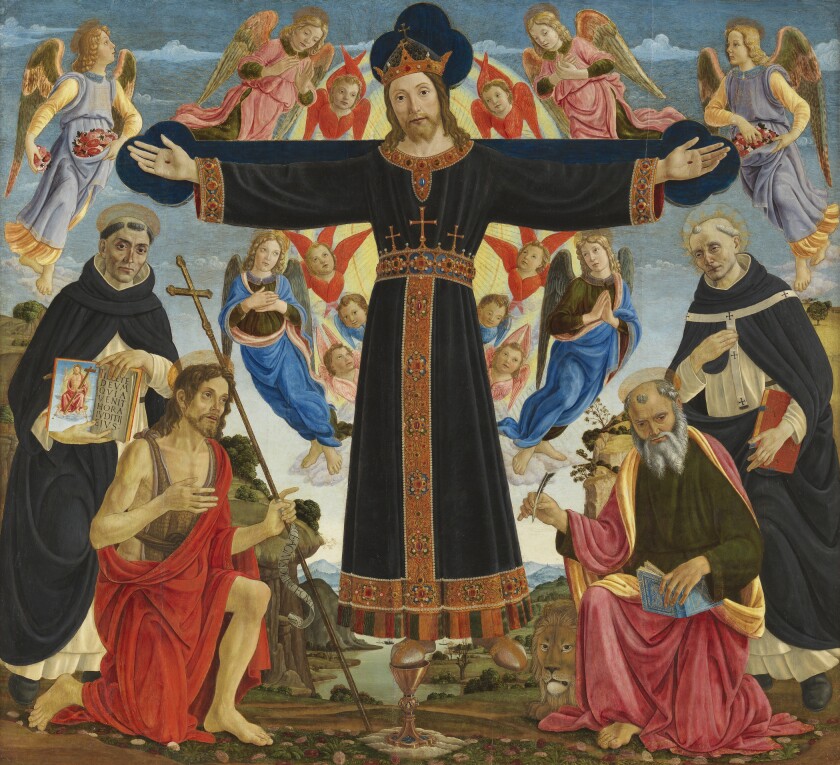 Master of the Fiesole Epiphany, "Christ on the Cross With Saints Vincent Ferrer, John the Baptist, Mark and Antoninus," 1491-1495, tempera and oil on panel