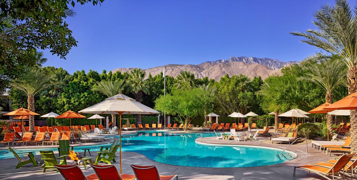 Pool area at kid-friendly hotel Margaritaville Resort Palm Springs