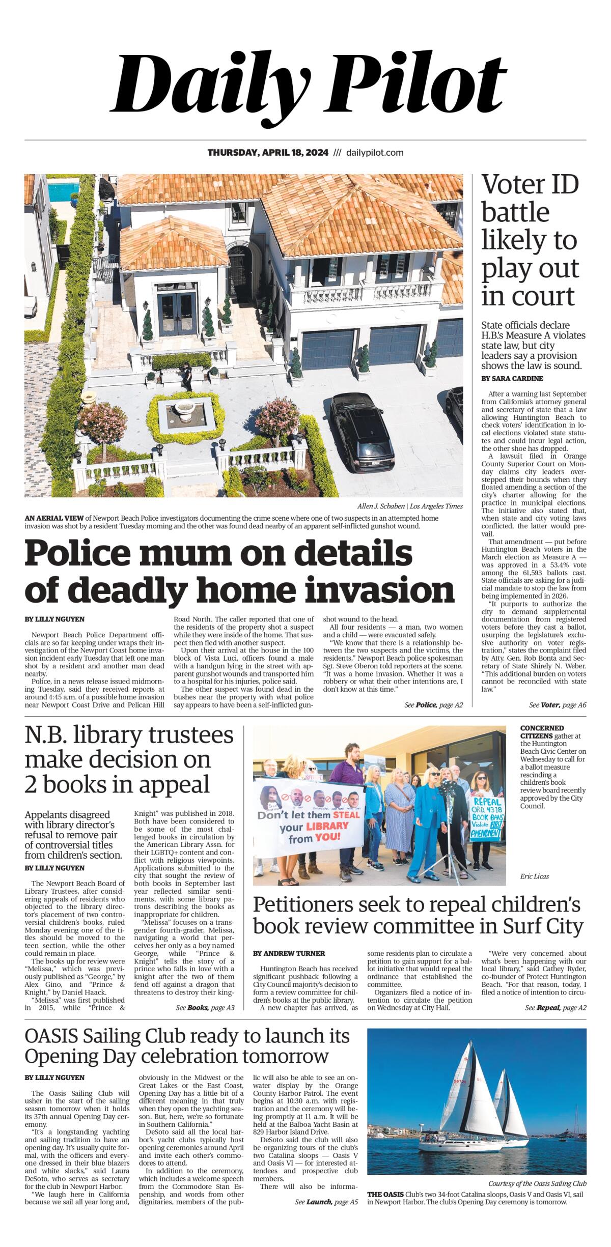 Front page of the Daily Pilot e-newspaper for Thursday, April 18, 2024.