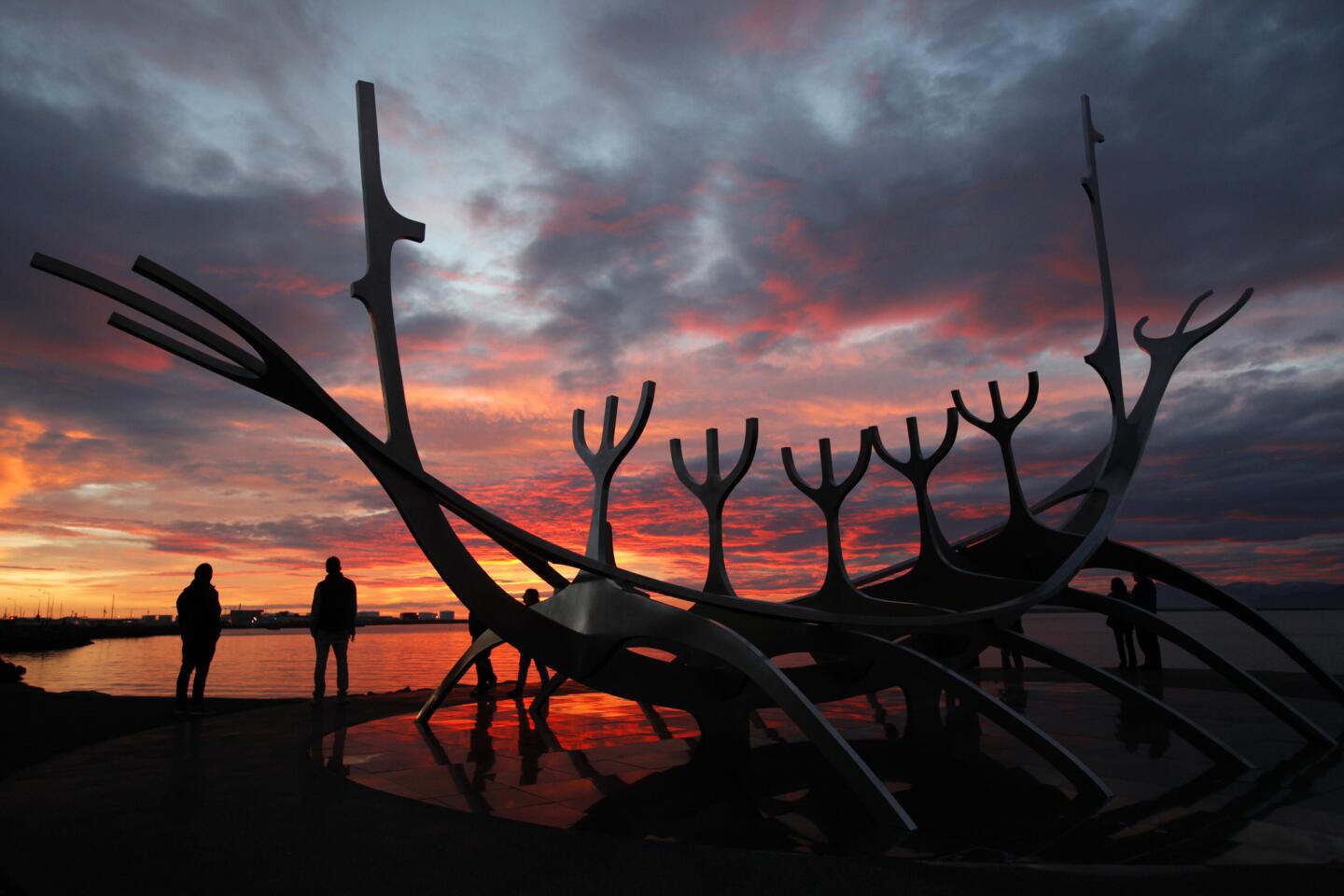 The Viking Ship monument at sunset in Reykjavik.