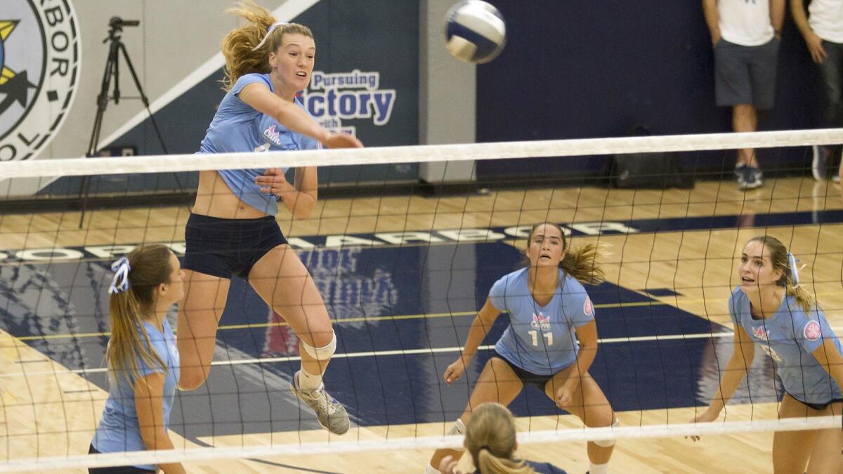 Corona del Mar High's Kendall Kipp, shown hitting against Newport Harbor on Sept. 14, 2017, helped the Sea Kings win the Tartar Classic at Torrance High on Saturday.