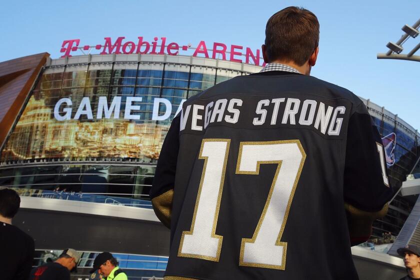LAS VEGAS, NV - OCTOBER 10: Fans arrive for the Golden Knights' inaugural regular-season home opener against the Arizona Coyotes at T-Mobile Arena on October 10, 2017 in Las Vegas, Nevada. (Photo by Bruce Bennett/Getty Images) ** OUTS - ELSENT, FPG, CM - OUTS * NM, PH, VA if sourced by CT, LA or MoD **