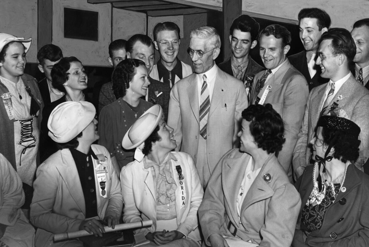 June 21, 1938: Dr. Francis Townsend, center, with supporters during national convention in Los Angeles. Part of the background of this image was painted in by a staff artist.