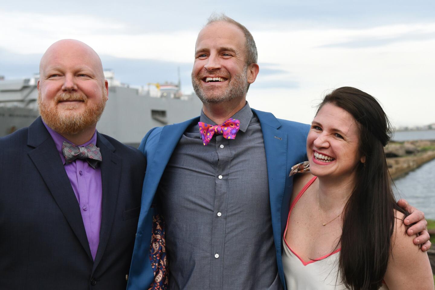 From left, Thomas Pomroy, Rich Morrissey and Samantha Gallup at the Bourbon and Bowties charity fundraiser held at Rye Street Tavern in Port Covington.