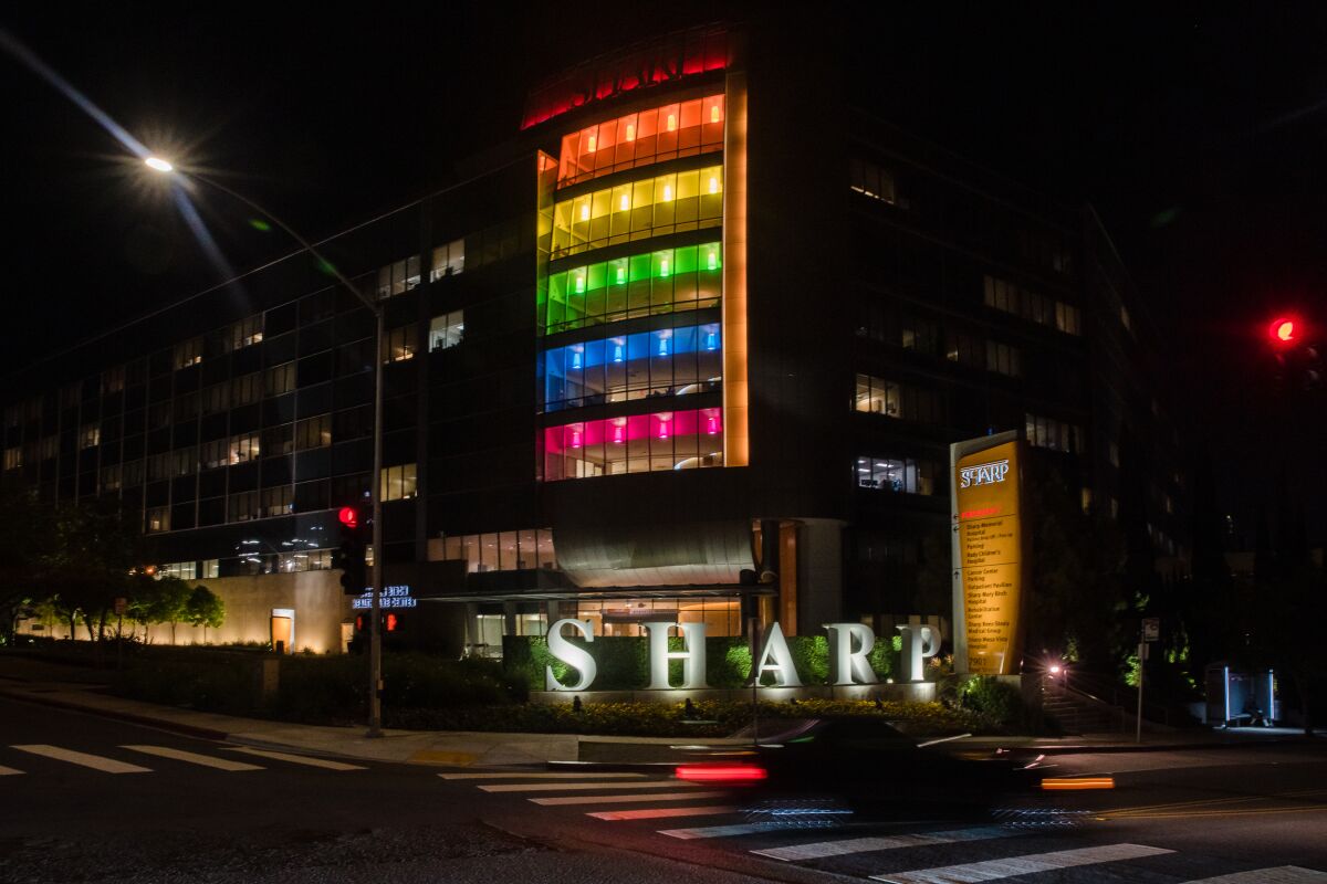Sharp Memorial Hospital lit in rainbow colors to honor the LGBTQ community in Kearny Mesa in 2020.