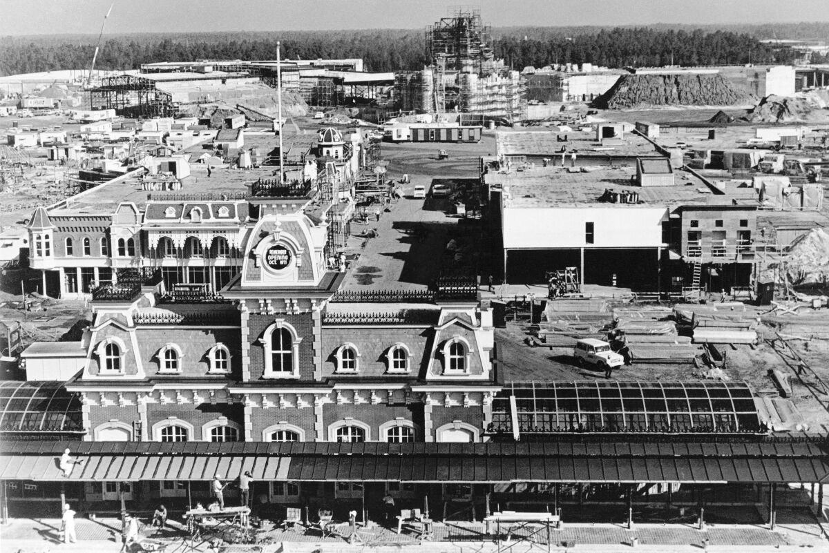 Eastern seaboard architecture of turn of the century America is being recreated in Main Street U.S.A., at Walt Disney World's Magic Kingdom theme park in Orlando, Fla., Nov. 1970. The idea was presented to Florida lawmakers in a movie house outside Orlando, Florida 55 years ago: Let Disney form its own government and in exchange it would create a futuristic city of tomorrow. (AP Photo)