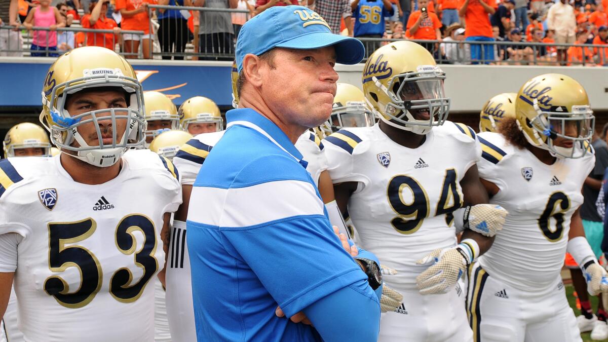 UCLA Coach Jim Mora looks on before the start of the Bruins' season opener against Virginia on Aug. 30. Mora says the Bruins don't pay attention to expectations placed on them from outside the team.
