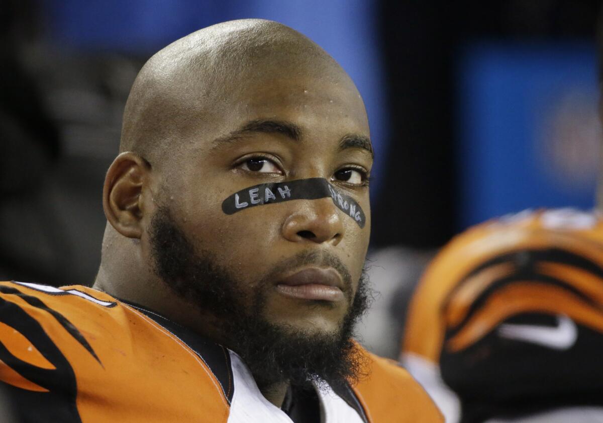 Cincinnati Bengals defensive tackle Devon Still wears the words "Leah Strong" in his eye black in honor of his daughter during a game in October.