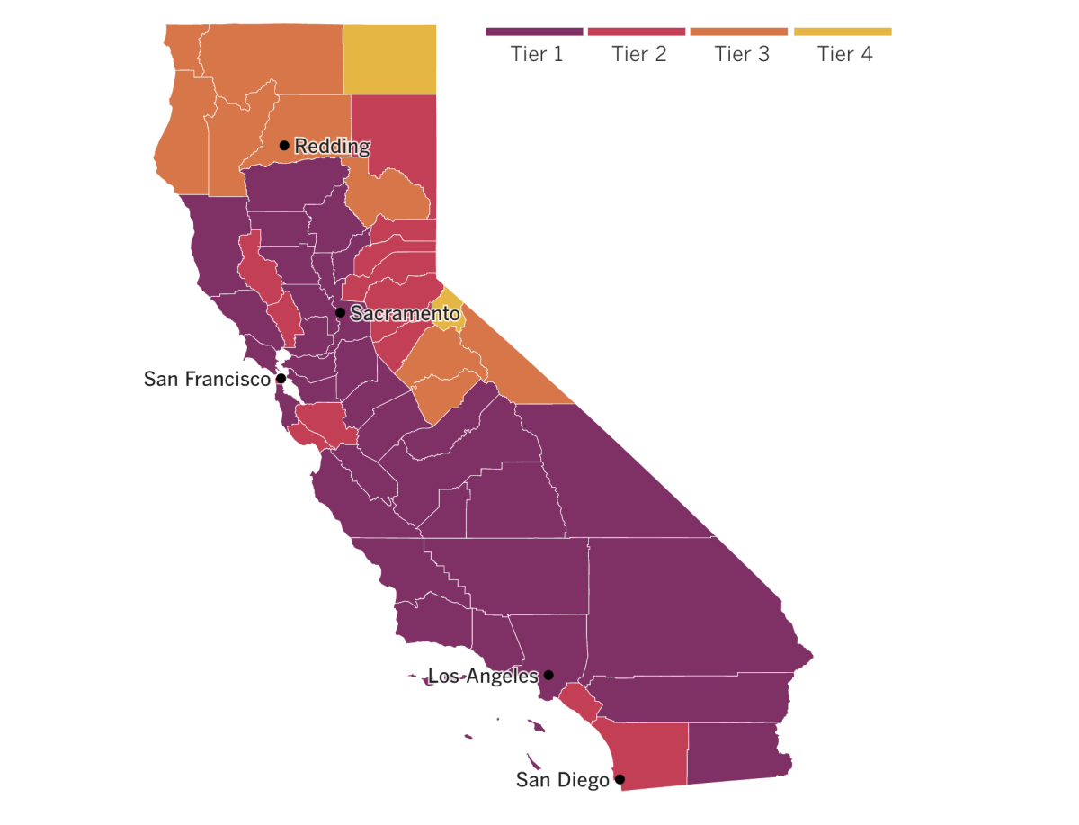 A map of California showing counties by what tier they've been assigned, based on the status of their coronavirus outbreak.
