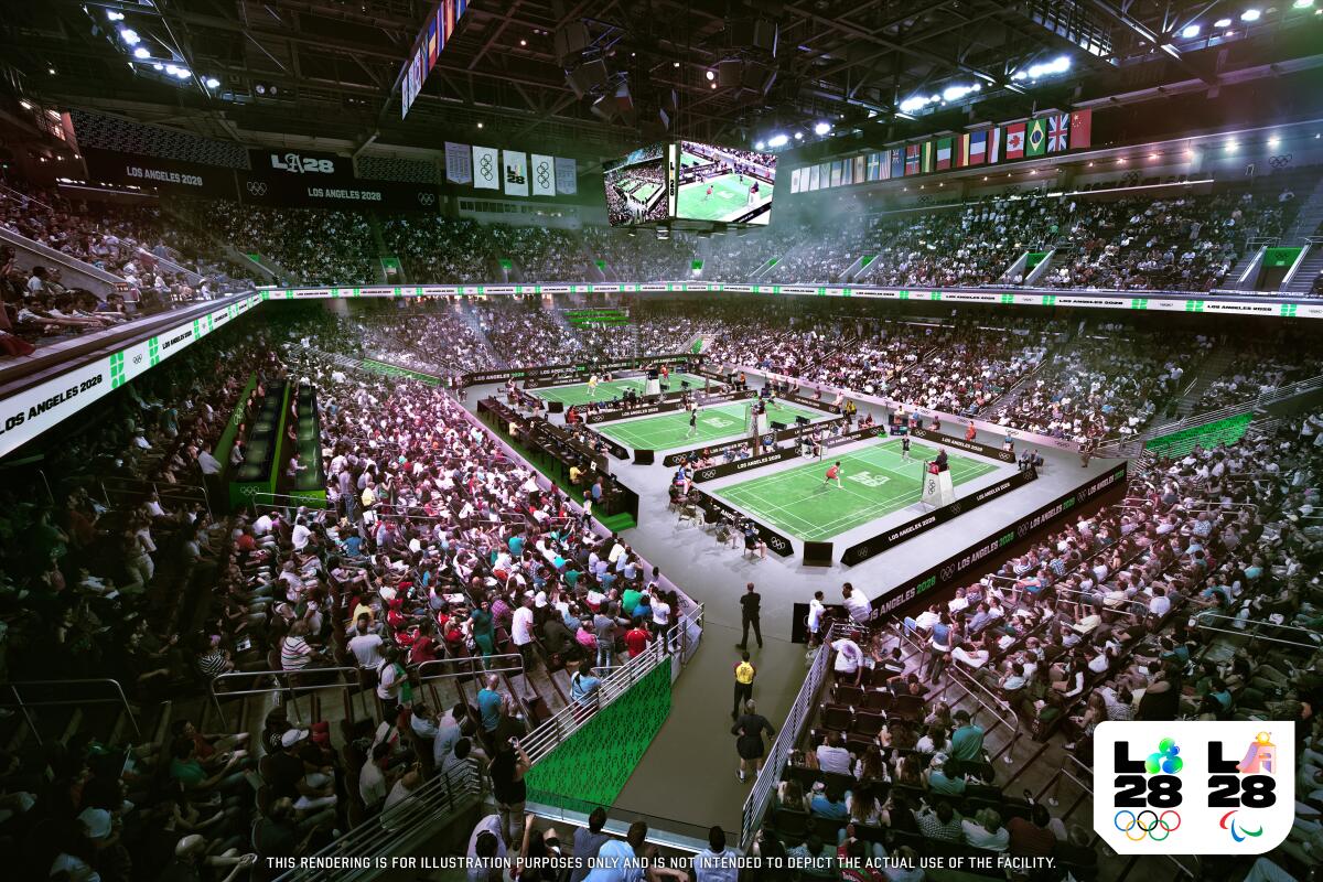 An artist's rendering of badminton at Galen Center in Los Angeles.