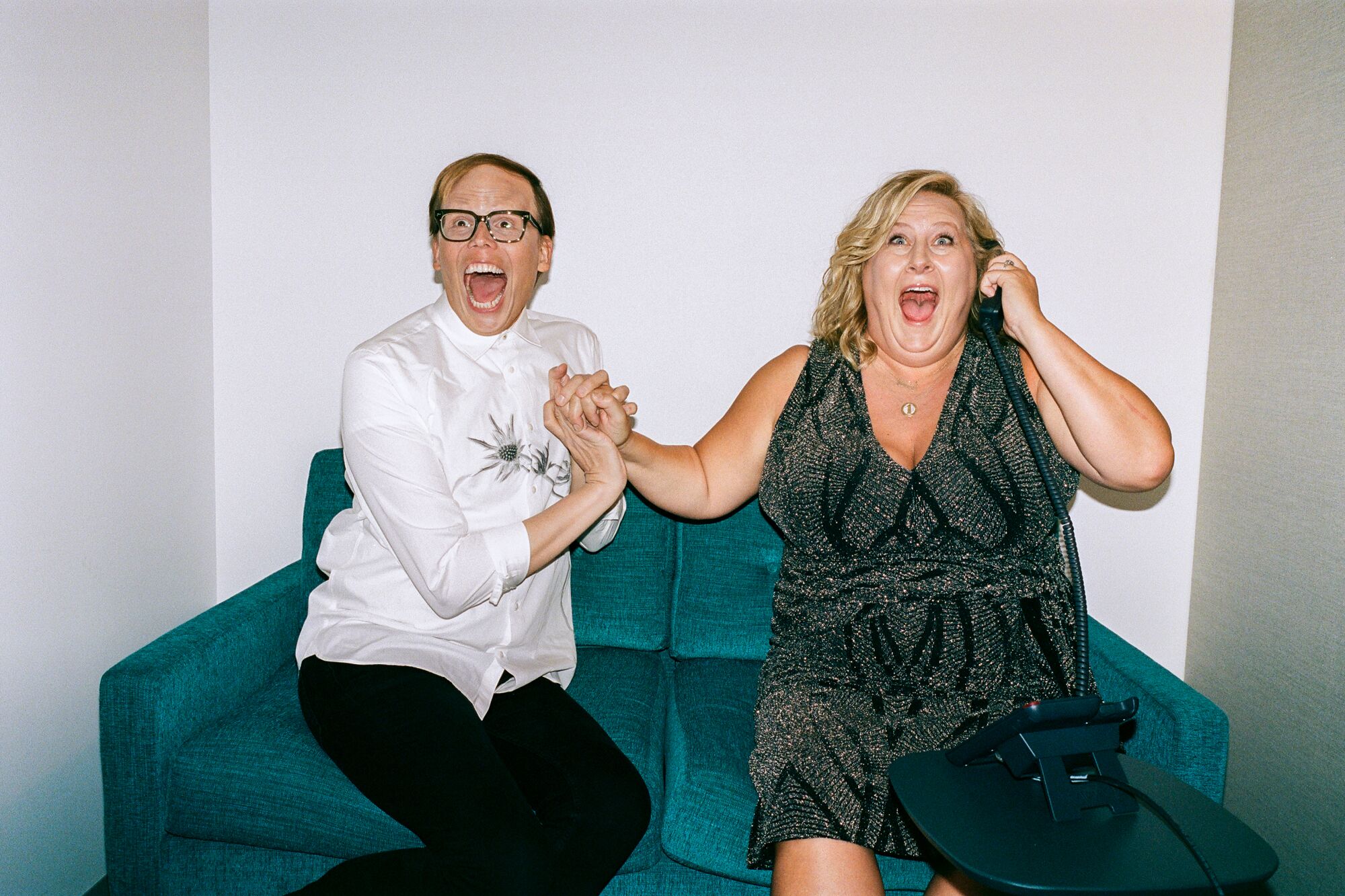 Jeff Hiller and Bridget Everett ramp up the excitement for a portrait.