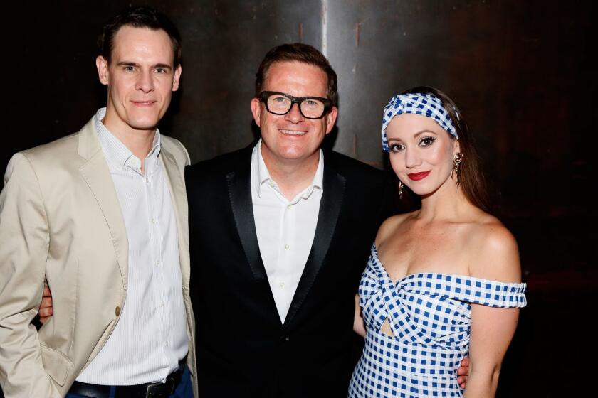 From left, company member Sam Archer, choreographer Sir Matthew Bourne and company member Ashley Shaw at the party for the opening night performance of "The Red Shoes" at Center Theatre Group/Ahmanson Theatre on Tuesday, September 19, 2017, in Los Angeles, California. (Photo by Ryan Miller/Capture Imaging)