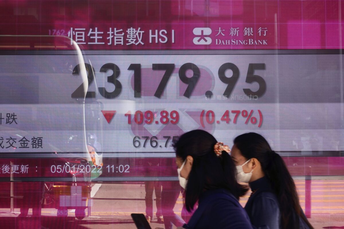 People walk past a bank's electronic board showing the Hong Kong share index at Hong Kong Stock Exchange Wednesday, Jan. 5, 2022. Asian benchmarks mostly slipped Wednesday as technology shares in the region echoed a similar drop in the sector on Wall Street. (AP Photo/Vincent Yu)
